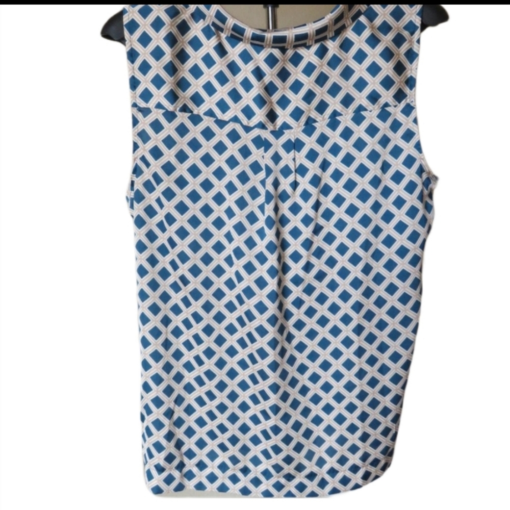 Covington top blouse sleeveless geometric blue tan printed - Picture 2 of 7